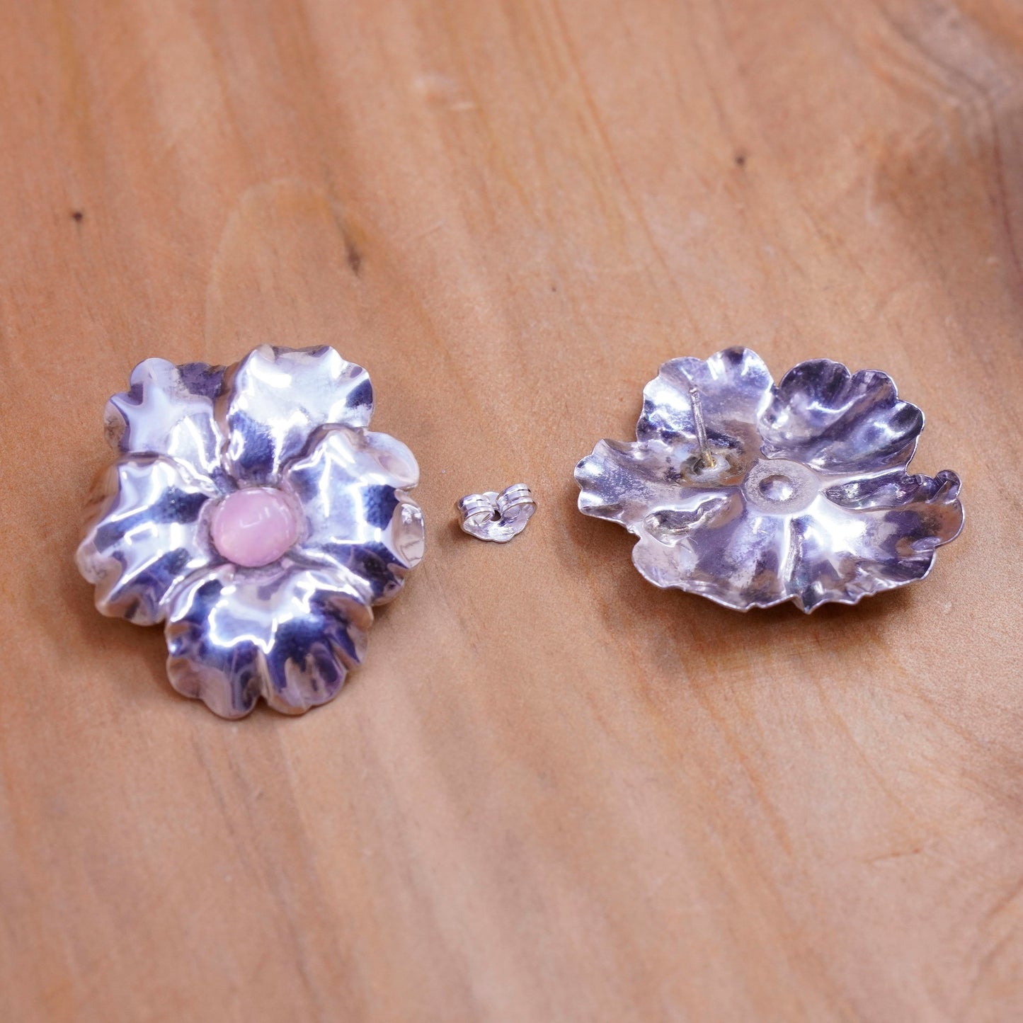 Vintage Sterling silver handmade earrings, 925 flower studs with pink quartz