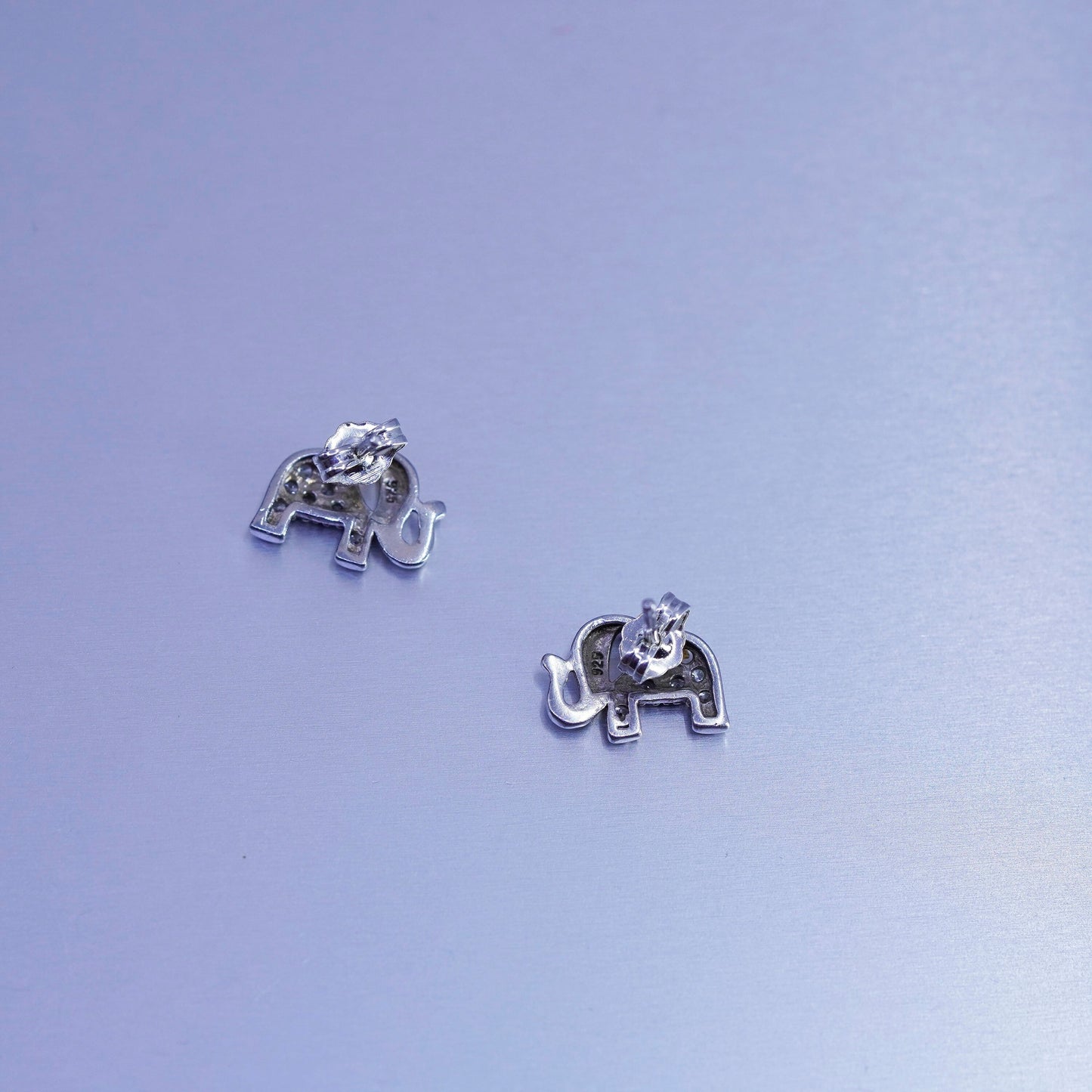 Vintage Sterling 925 silver handmade elephant earrings, studs with cz