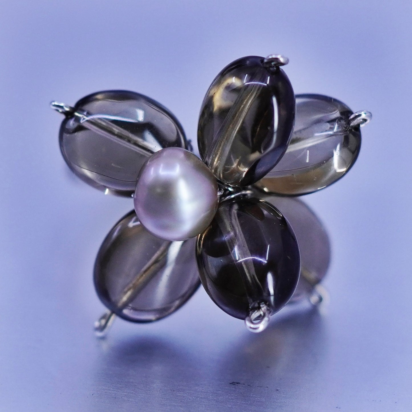 Size 7, vintage Sterling 925 silver handmade ring with pearl and smoky quartz