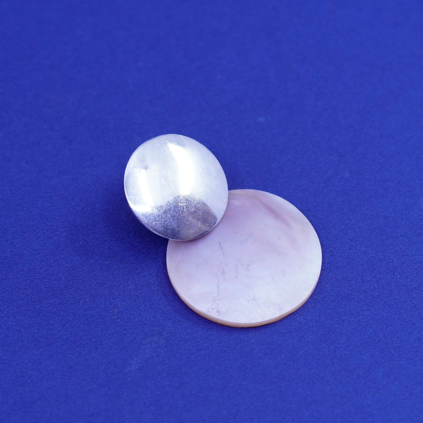 sterling silver handmade earrings, 925 round studs with mother of pearl discs