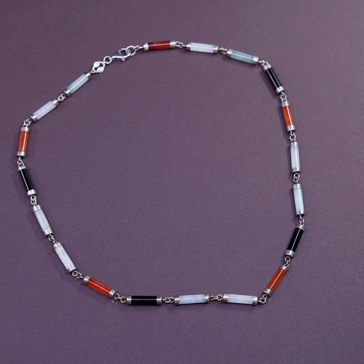 18”, vtg genuine Barrel jadeite jade bar sterling necklace w/ 925 silver