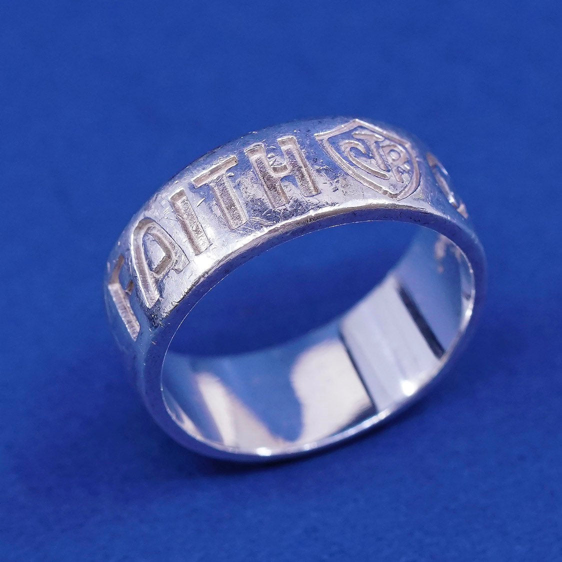 sz 9, vtg Ringmaster sterling silver handmade ring, 925 band w/ faith courage