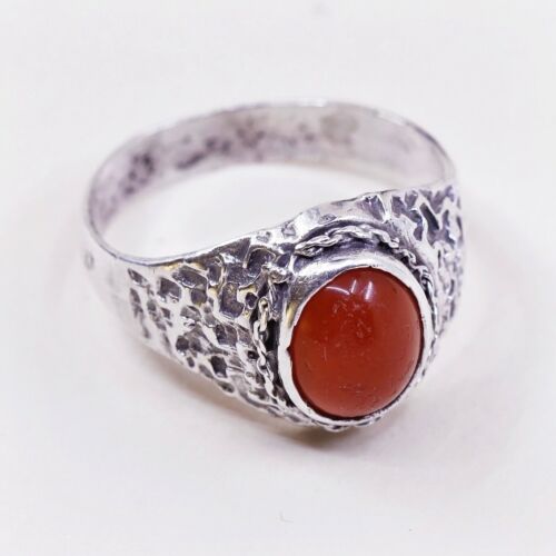 Sz 10.5, Vtg Sterling Silver Handmade Ring, 925 Statement Ring W/ Carnelian