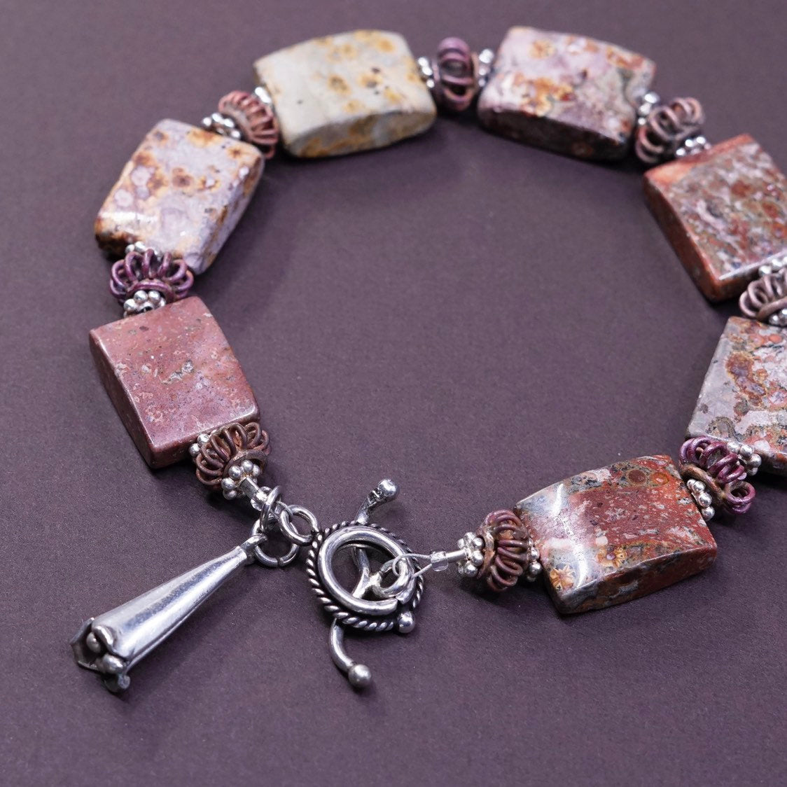 7.75”, vtg Sterling silver handmade chain, 925 beads w/ Jasper nuggets bracelet