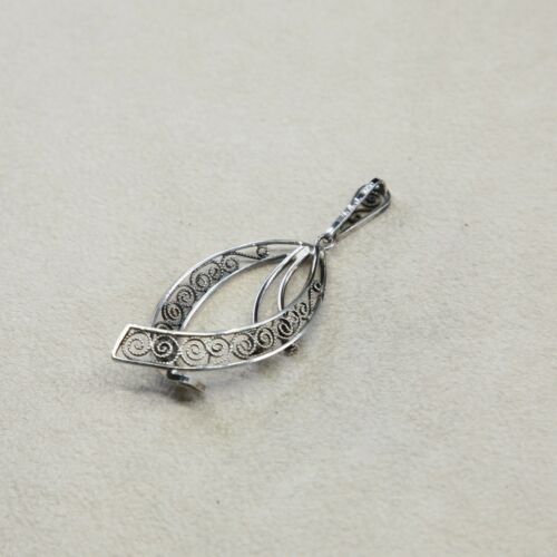 Vtg Handmade Sterling Silver .925 Bali Marquis Filigree Style Pendant