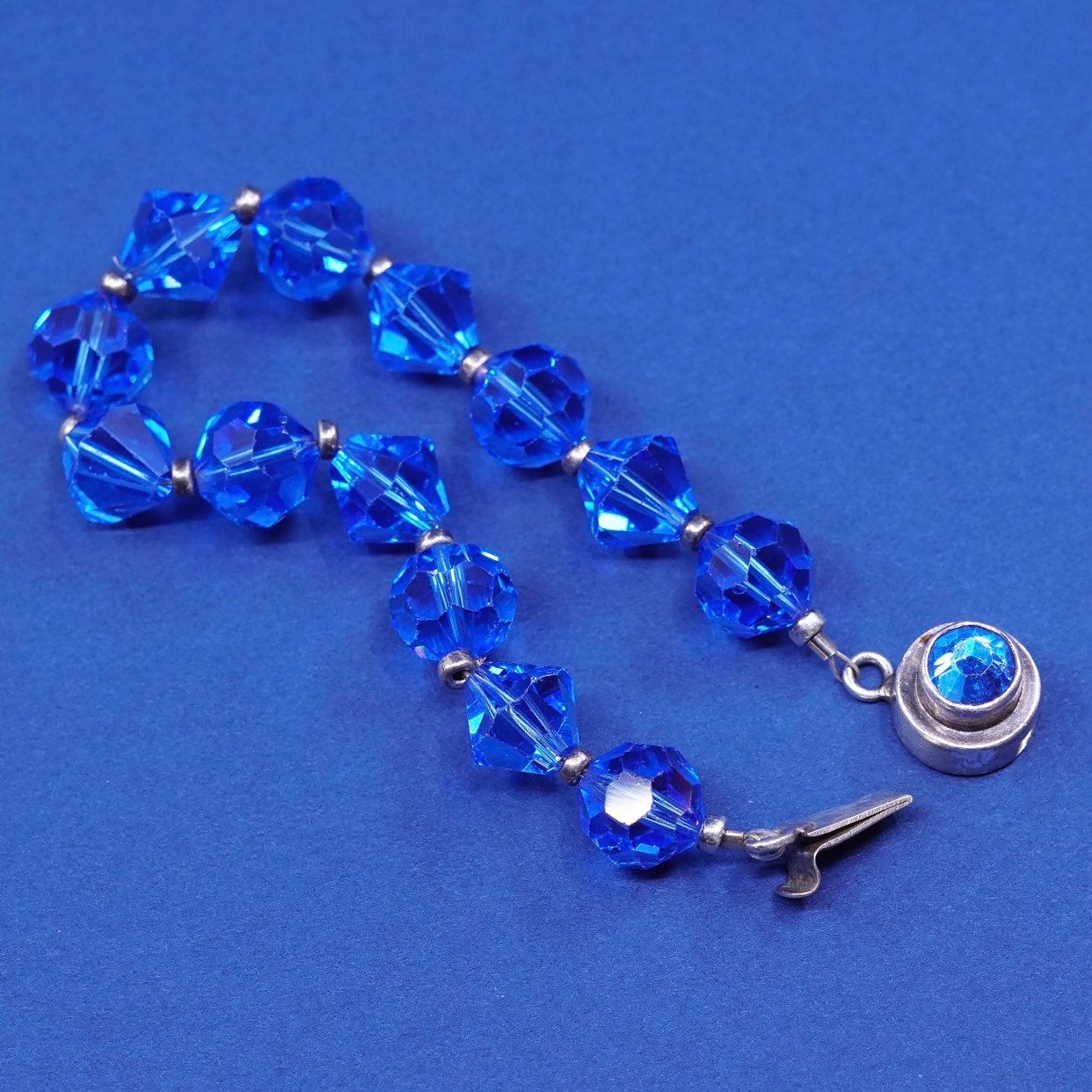 6”, vtg sterling silver handmade bracelet, 925 w/ blue crystal beads