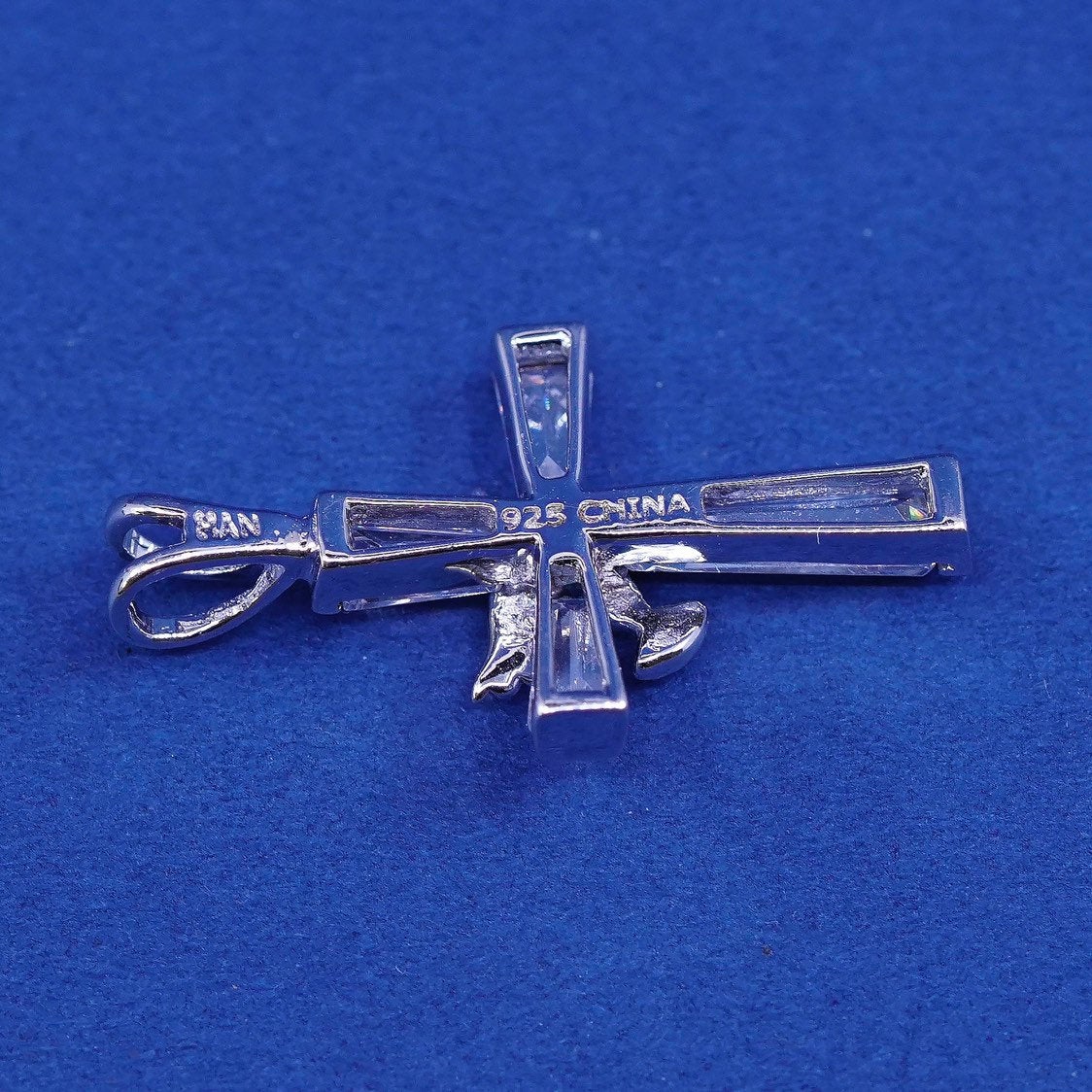 vtg Han Sterling silver handmade pendant, 925 cross w/ bird and crystal