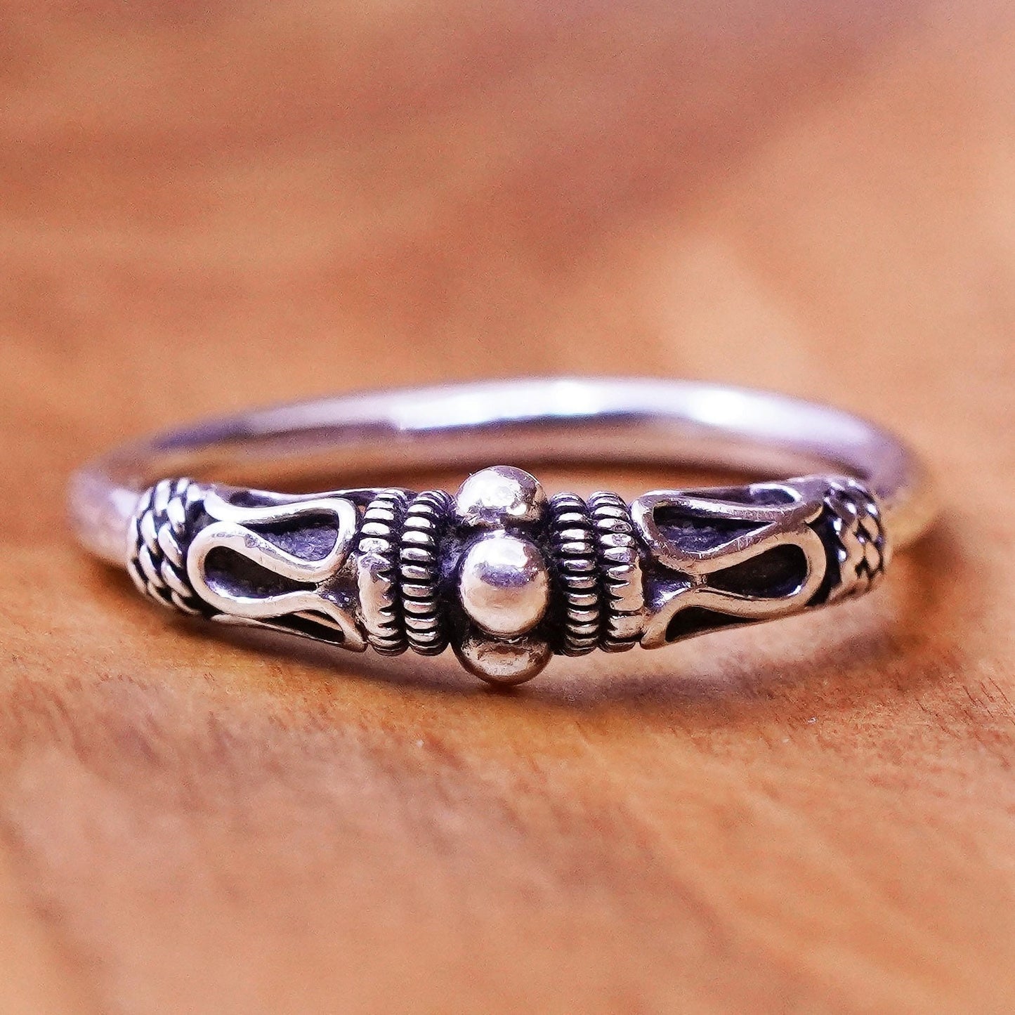 Size 6, vintage sterling silver handmade ring, 925 stackable band wired details