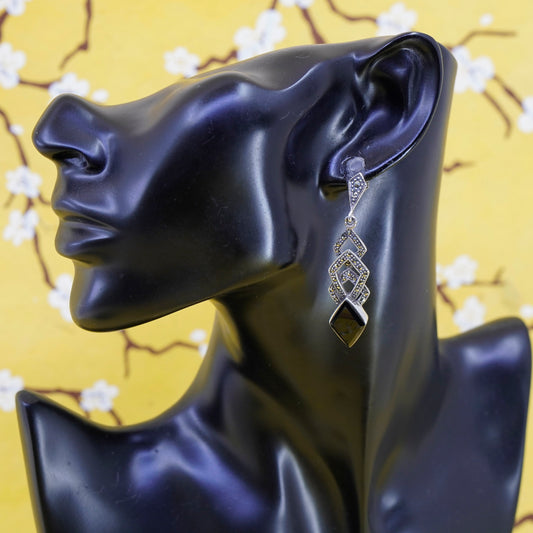Vintage Sterling 925 silver handmade long earrings with onyx and marcasite