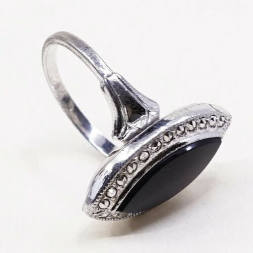 Sz 6.5, Vtg theda Sterling Silver Handmade Ring, 925 Band W Obsidian N marcasite