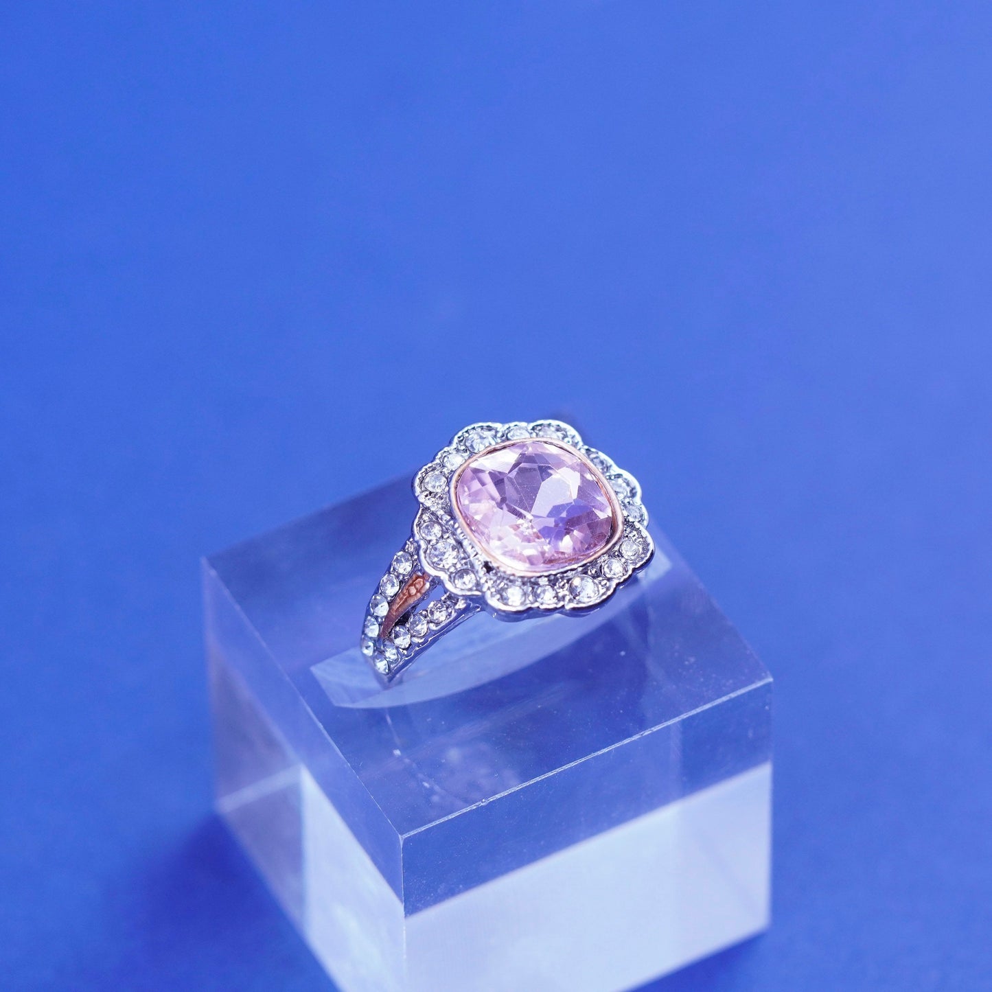 Size 7.75, vintage Sterling 925 silver handmade statement ring pink crystal