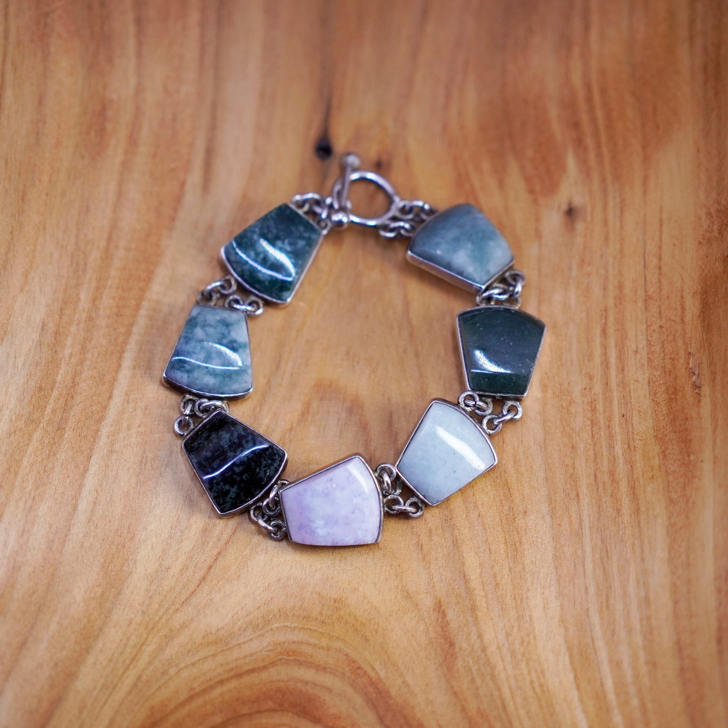 7”, vintage Sterling 925 silver handmade bracelet with various jade carnelian