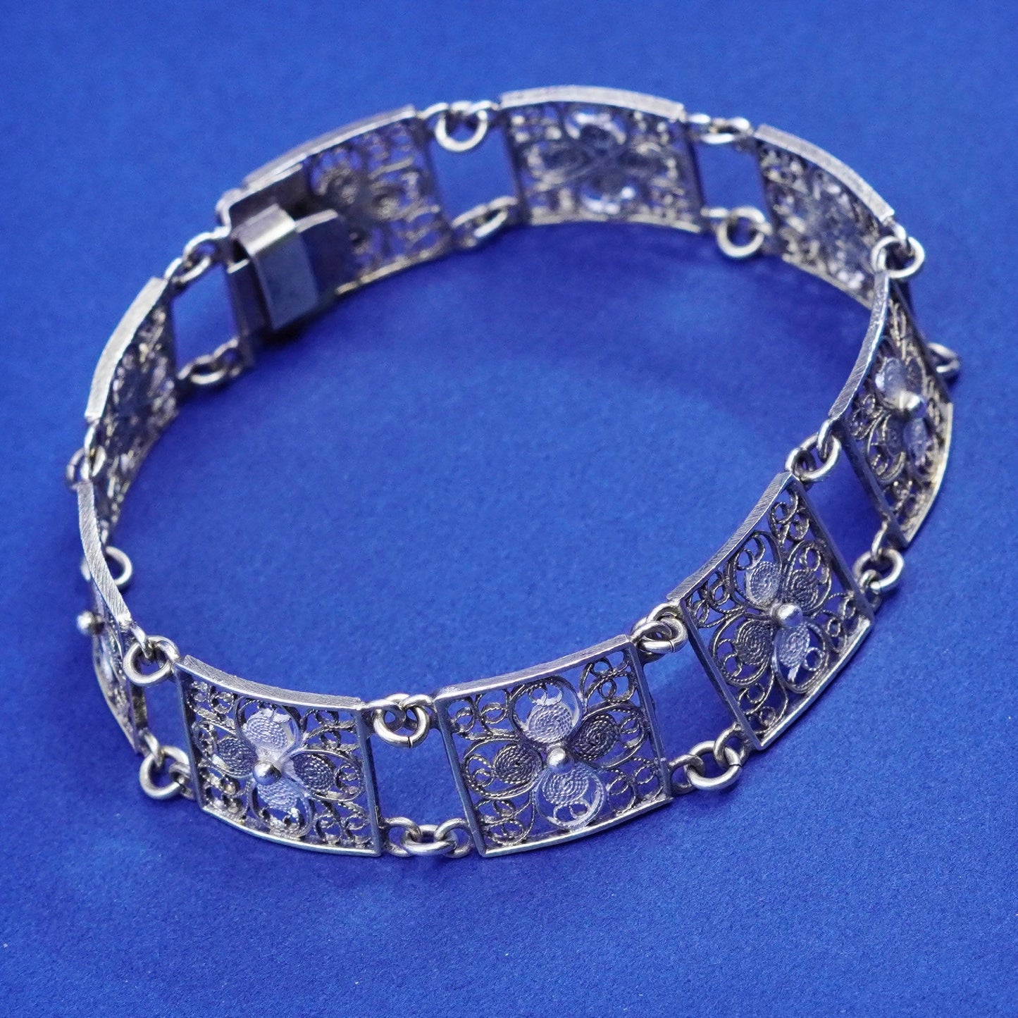 6.75”, vintage sterling silver handmade bracelet, 800 filigree flower bracelet