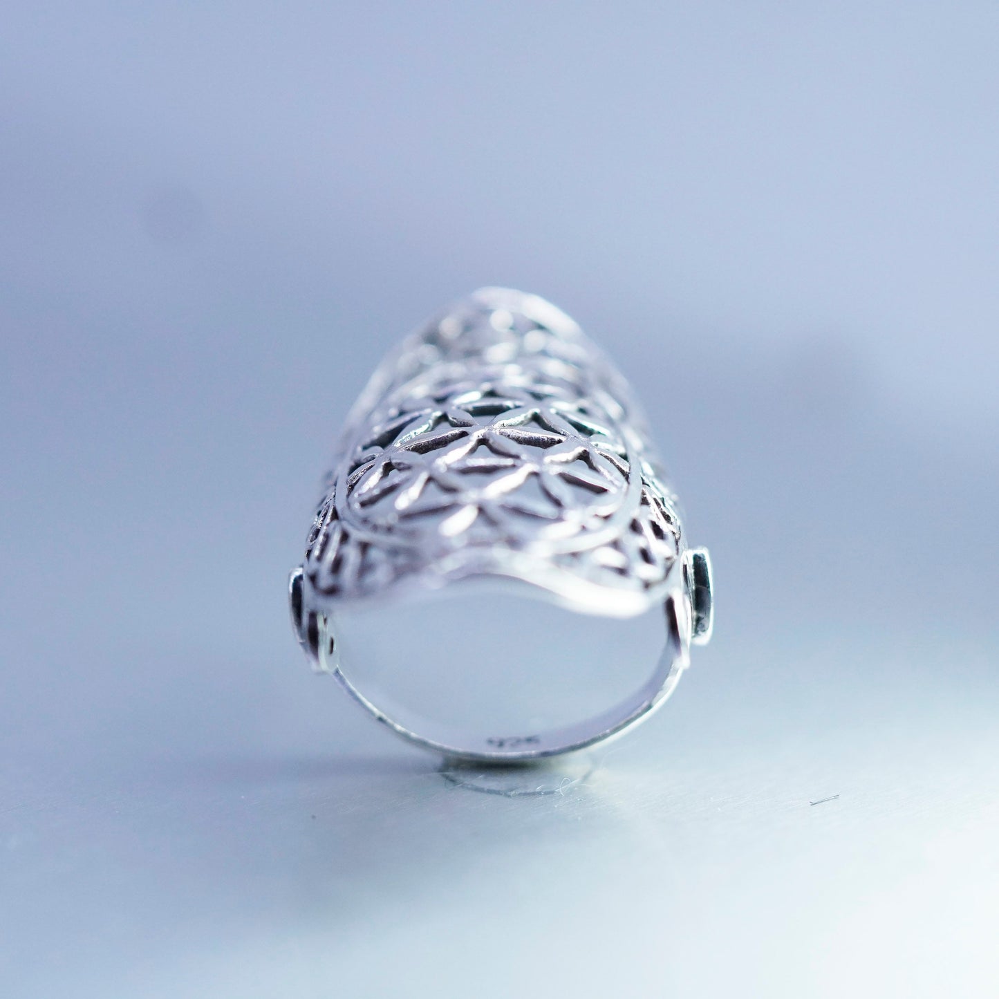 Size 6.25, vtg Sterling 925 silver handmade ring, filigree finger guard band