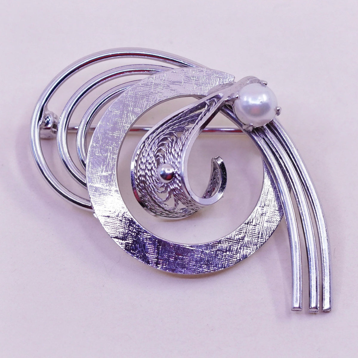 1950s vintage Sterling silver handmade brooch, 925 filigree brooch with pearl