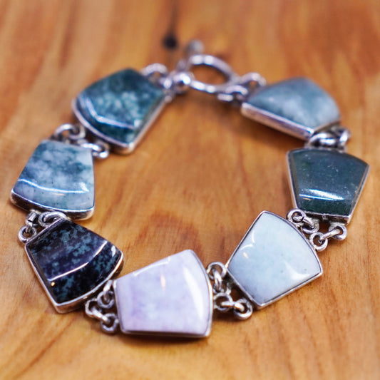 7”, vintage Sterling 925 silver handmade bracelet with various jade carnelian