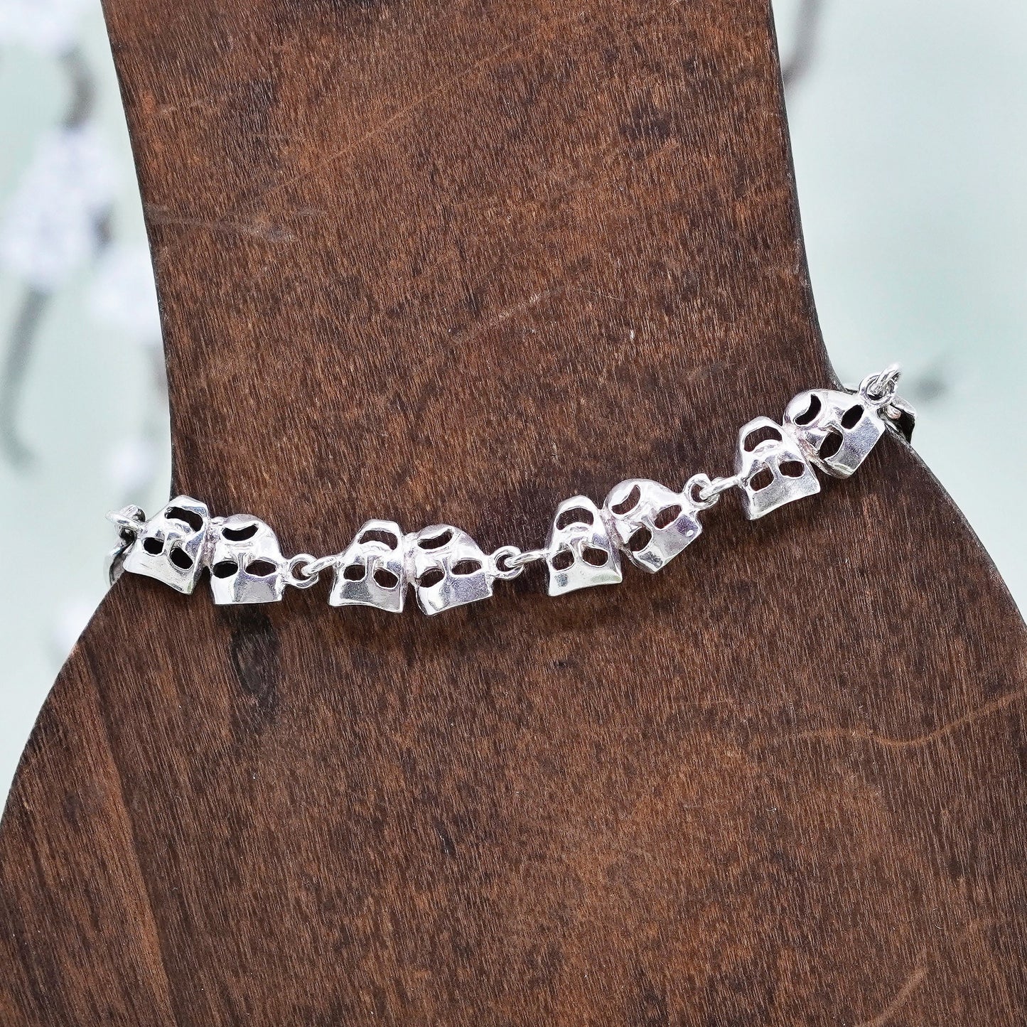 6.75”, Italy sterling silver bracelet, 925 happy sad comedy faces mask chain