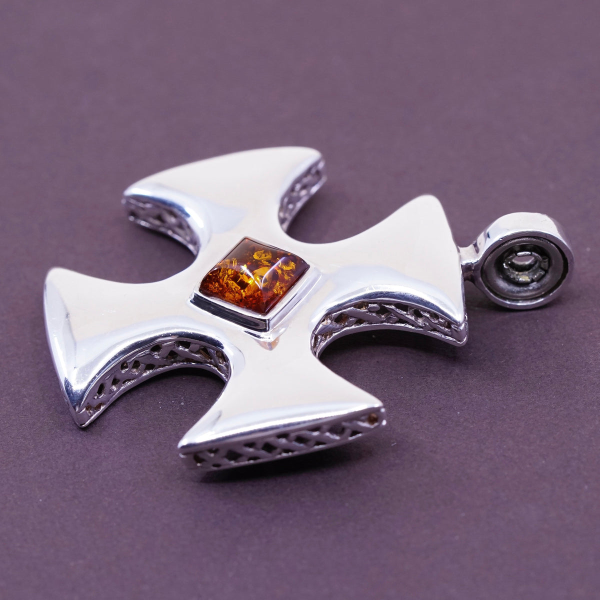 vtg ESPO Sterling silver pendant, 925 Jerusalem cross with filigree and amber