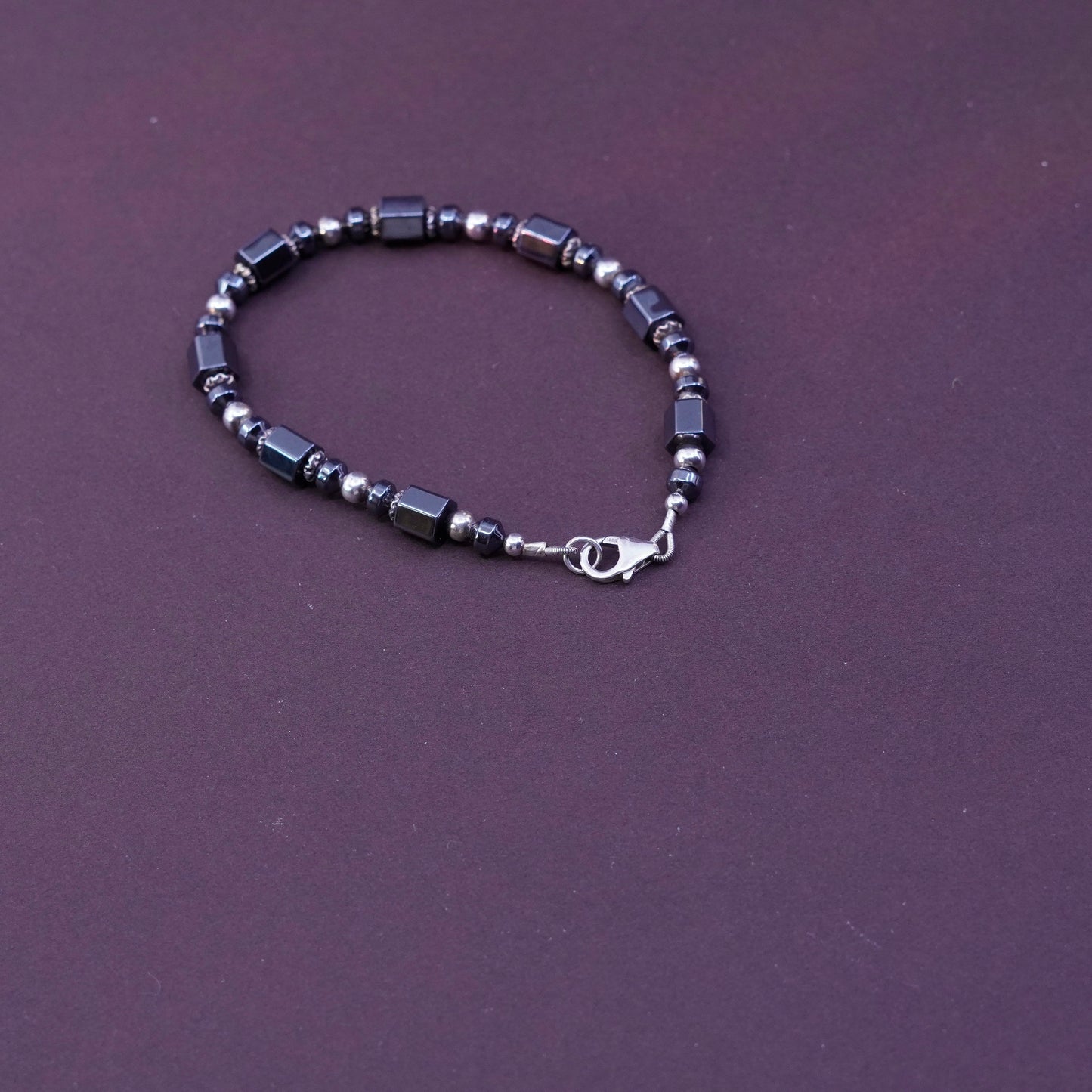 7” Vintage sterling 925 silver handmade bracelet with hematite beads