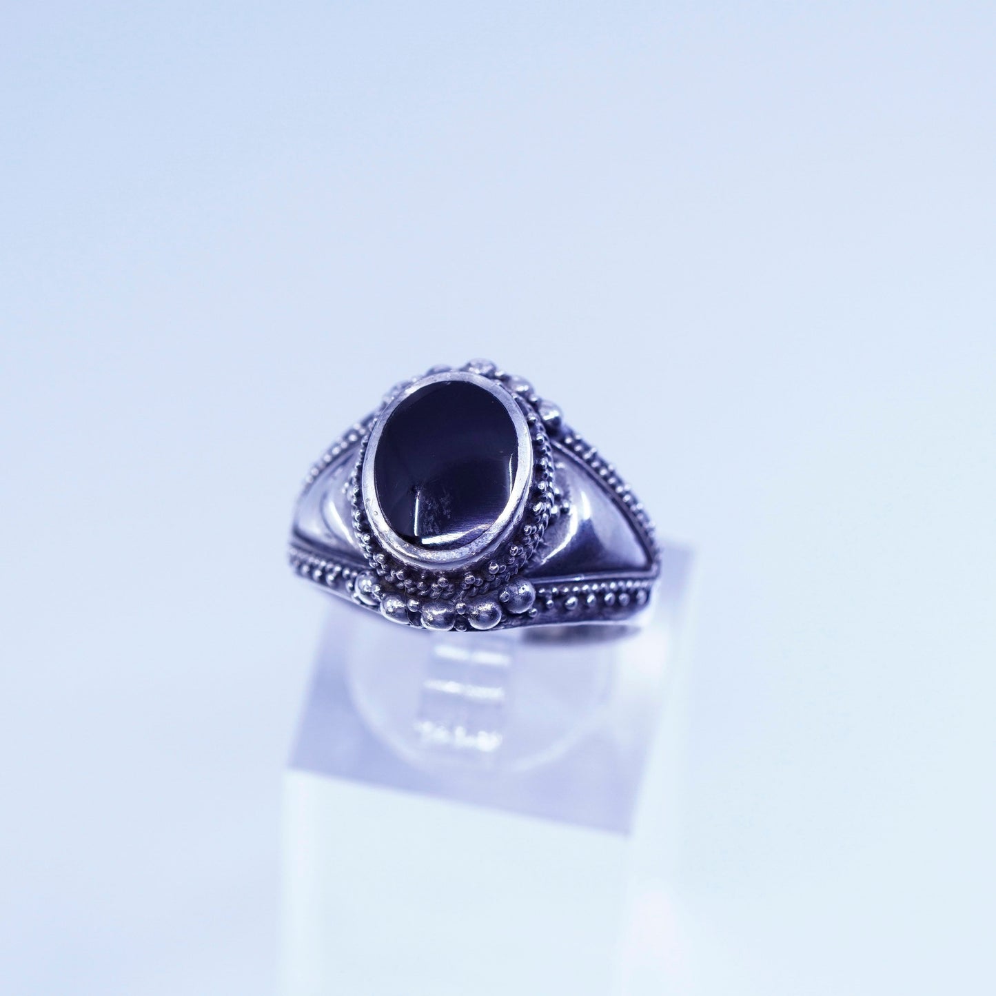Size 7, vintage bali Sterling 925 silver handmade ring with onyx and beads