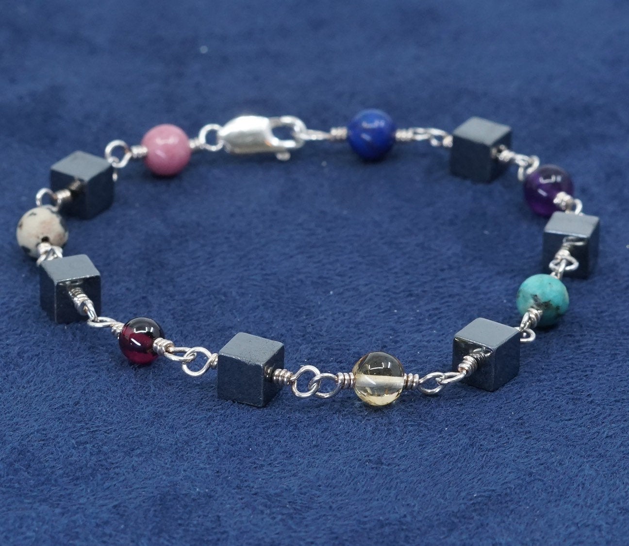7.5", Sterling silver handmade bracelet, 925 circle chain w/ jasper N hematite