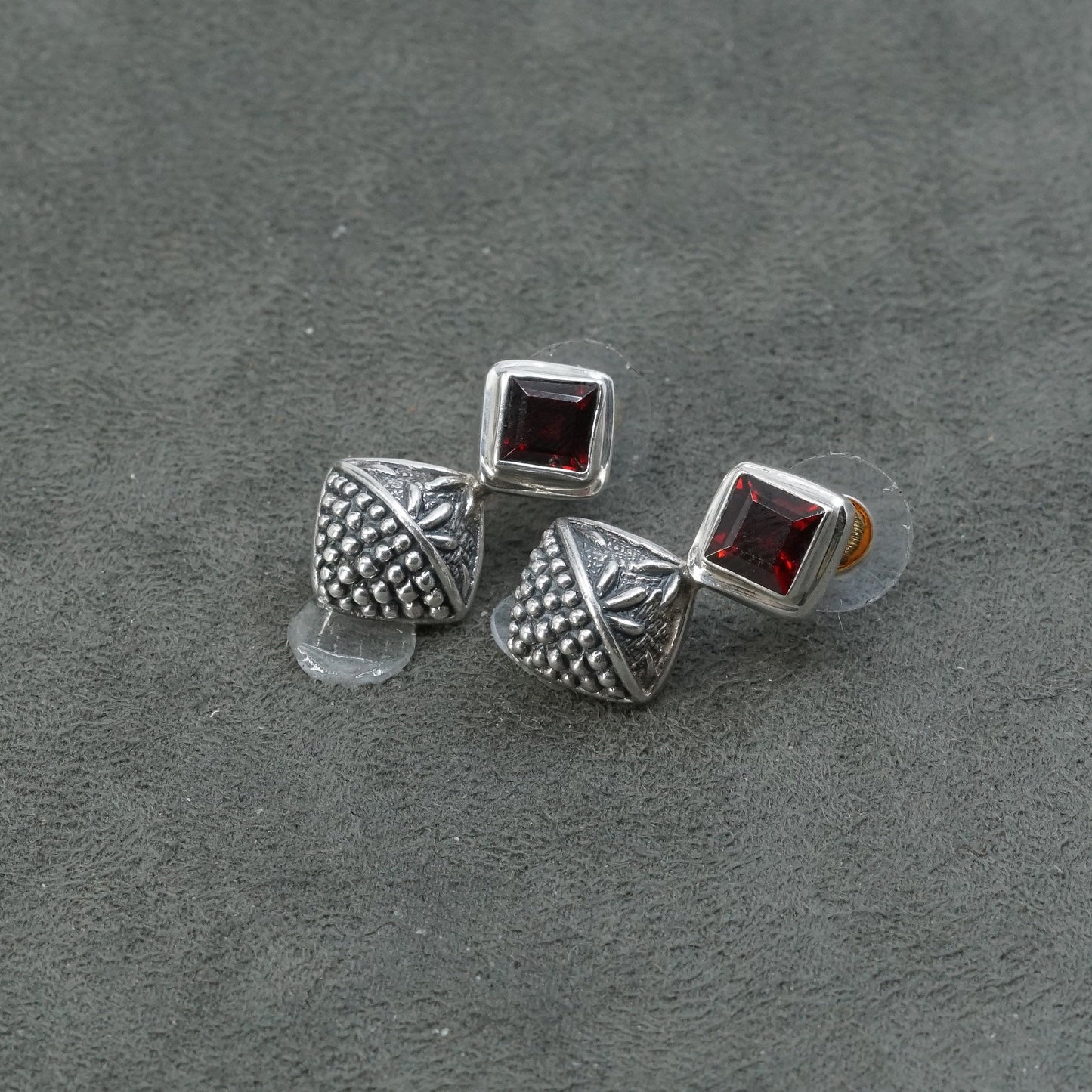 Vintage sterling silver handmade earrings, Mexican 925 ruby studs w/ beads