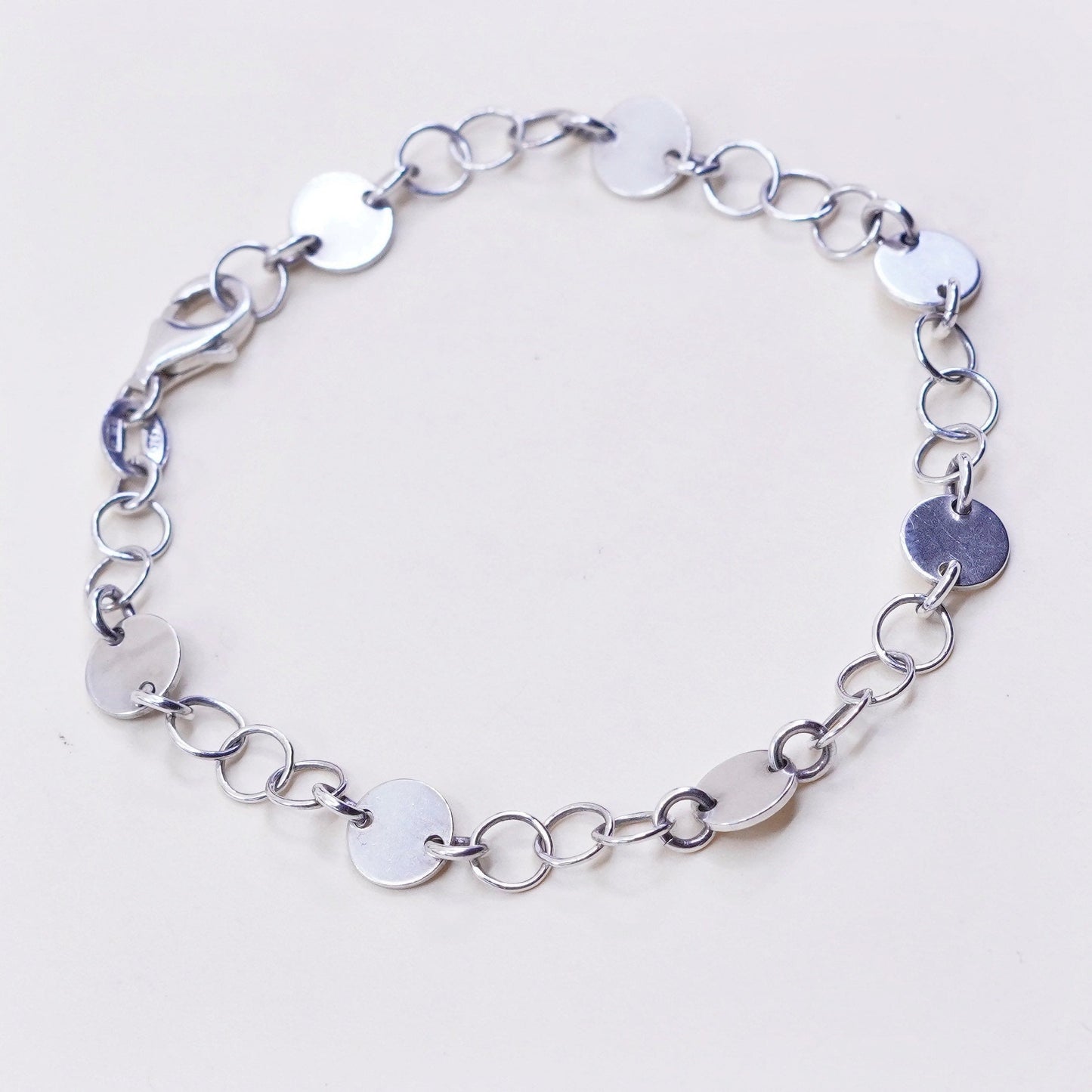 7”, Vintage sterling 925 silver circle link charm bracelet with circle disc