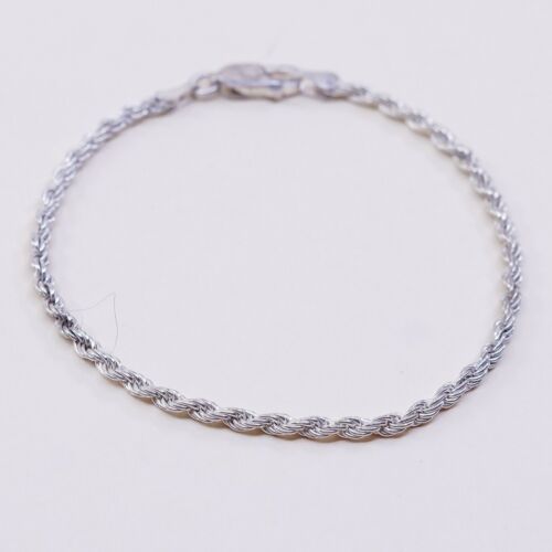 7”, 2mm, Vtg Sterling Silver bracelet, 925 Italy Diamond Rope chain