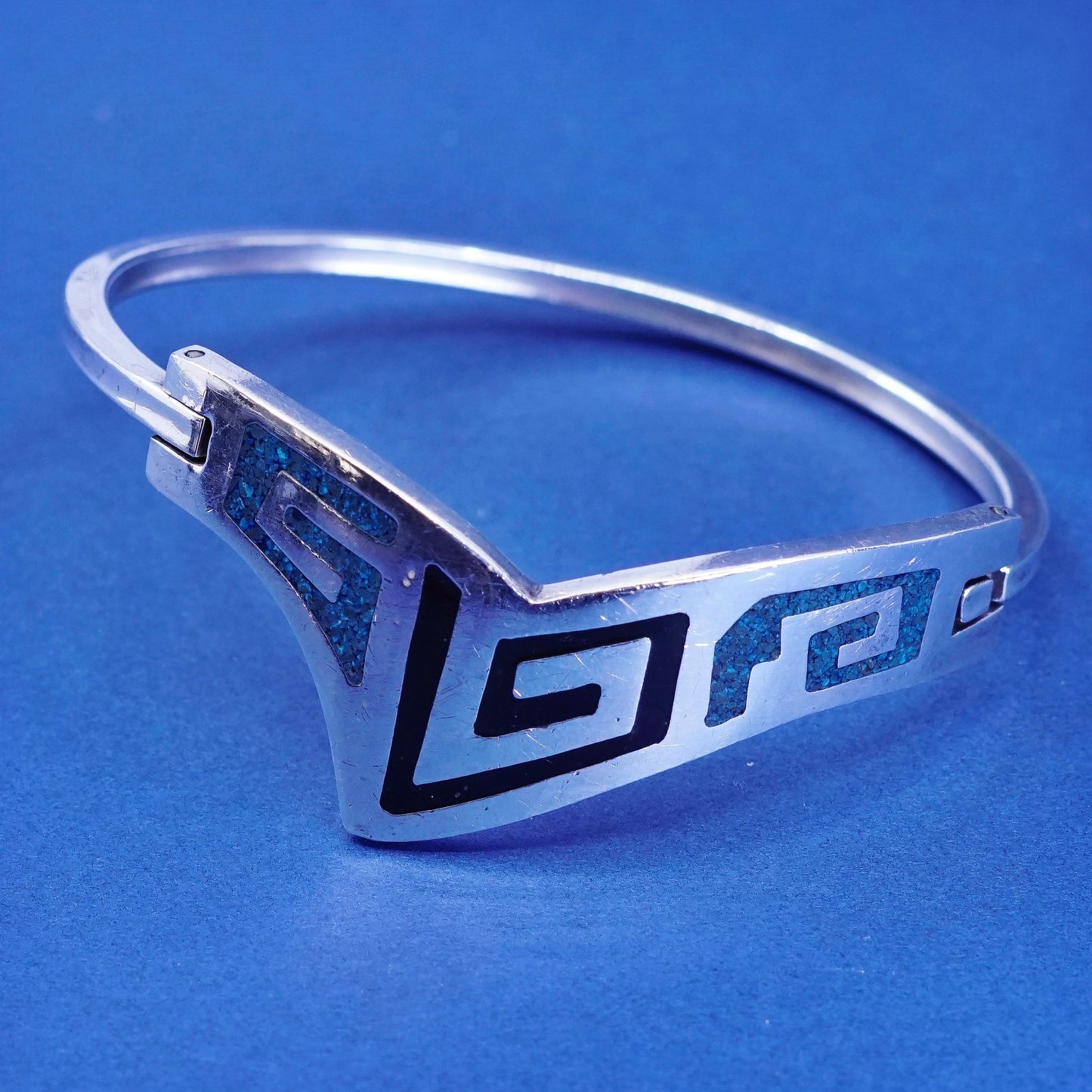 7”, vtg Sterling silver handmade bracelet, 925 bangle w/ Greek key N turquoise