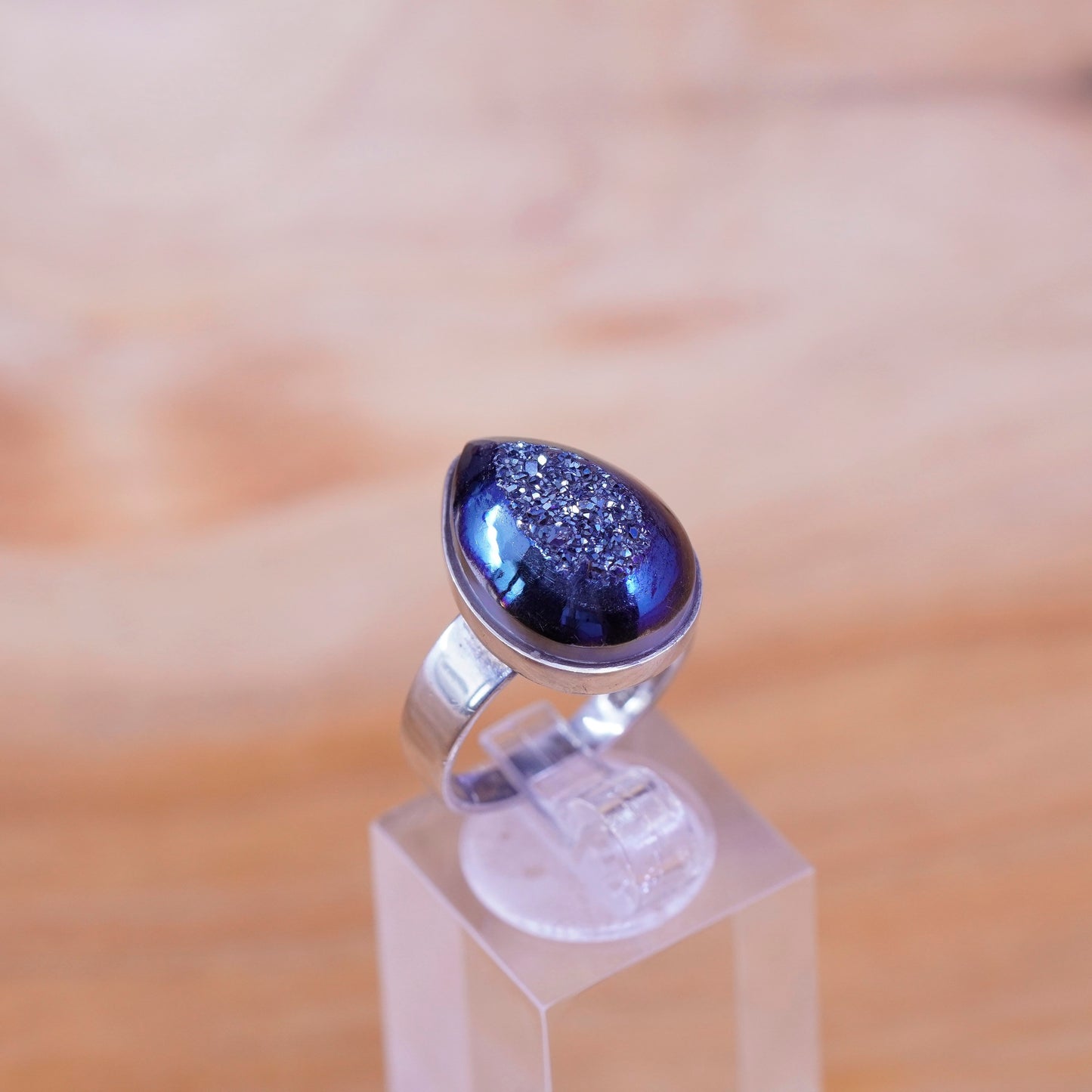 Size 7.25, Sterling 925 silver handmade ring with teardrop metallic druzy stone
