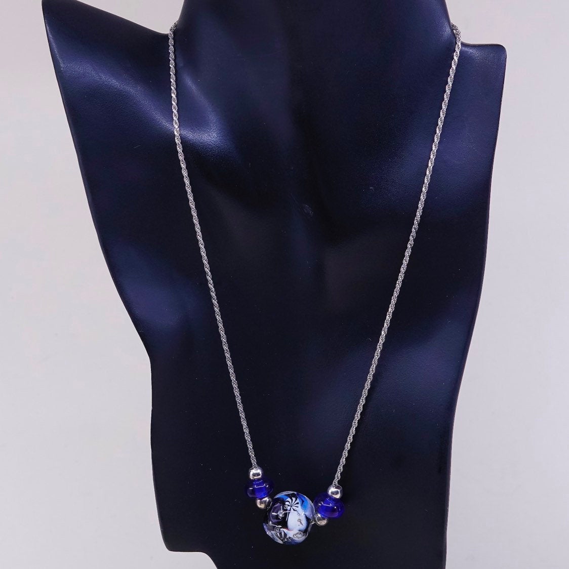 20", vtg sterling silver handmade necklace, 925 rope chain w/ glass pendant