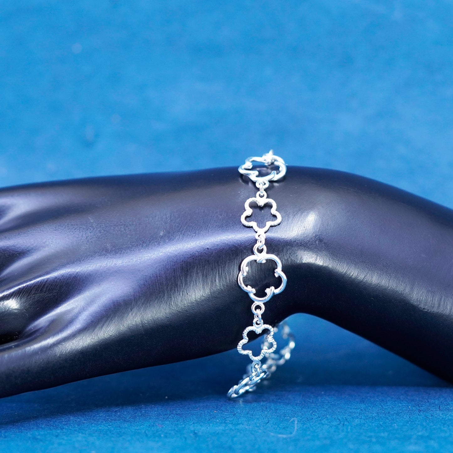 7”, vintage Sterling silver handmade bracelet, 925 flower link chain
