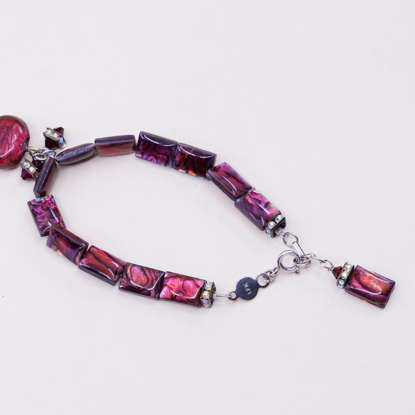 7”, sterling 925 silver handmade bracelet w/ red abalone beads N heart charm