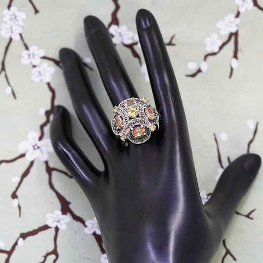 Size 9, vintage sterling 925 silver citrine flower cocktail ring with marcasite