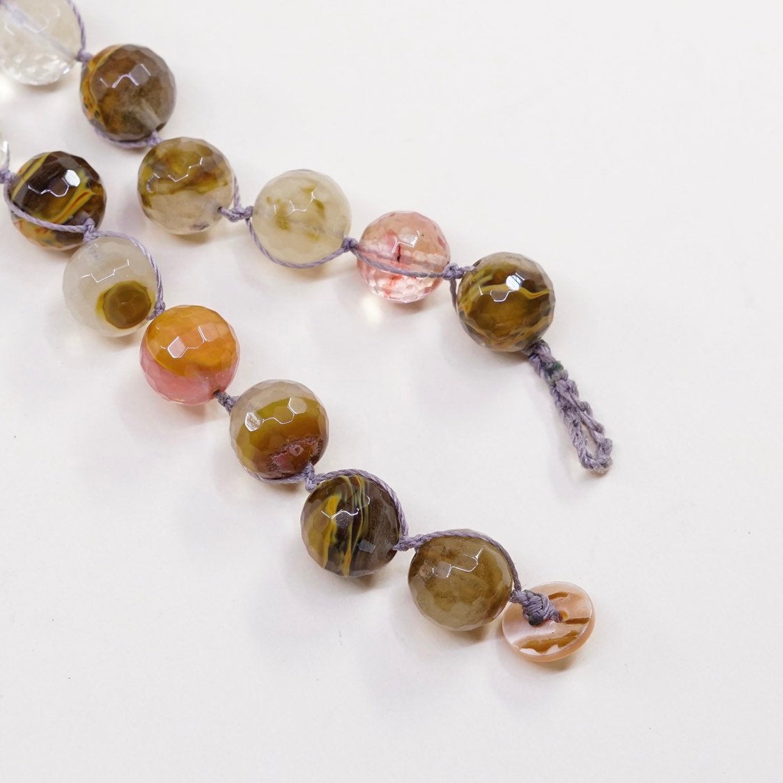18”, vtg handmade Checker Cut agate quartz beads with linen thread necklace