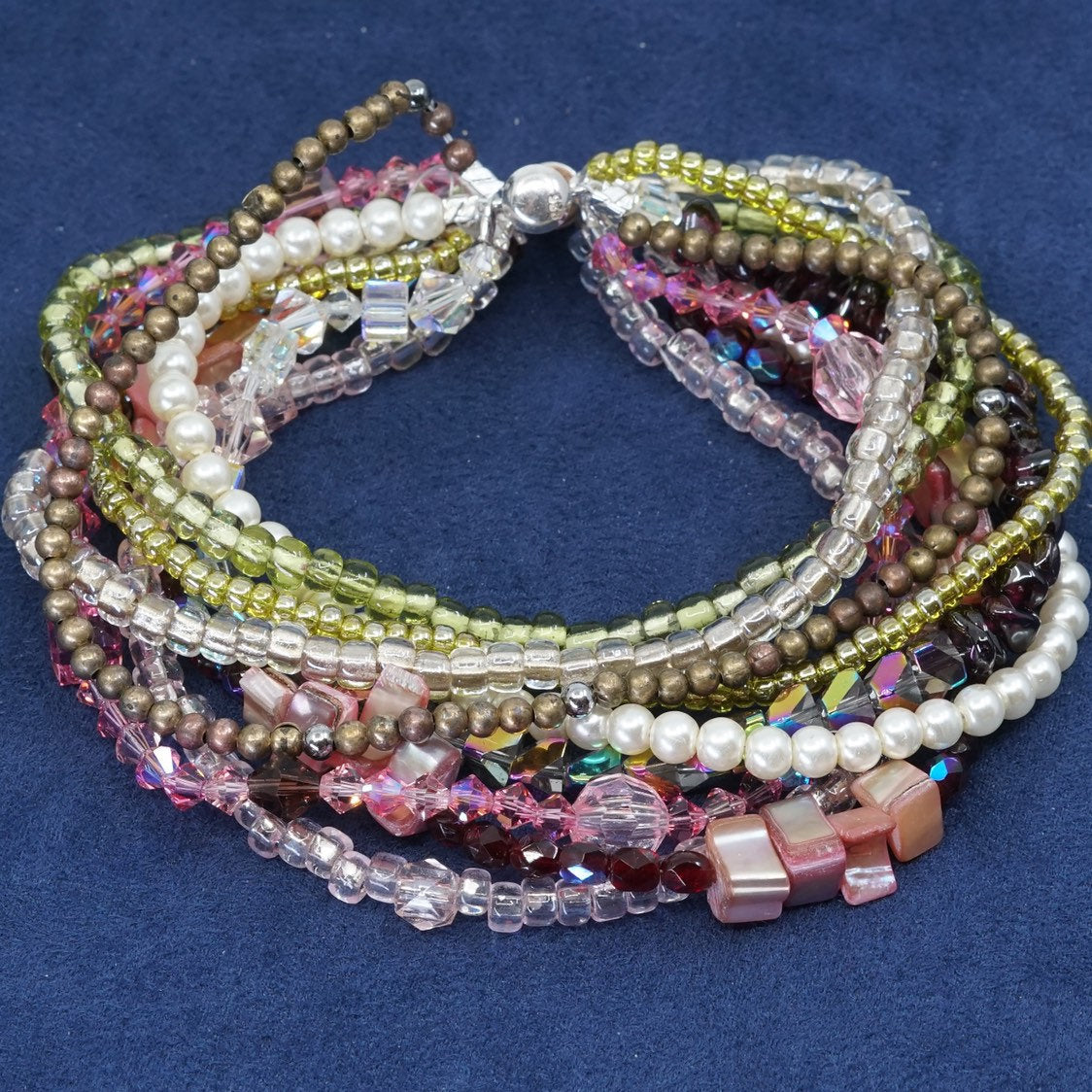 7.25”, vtg sterling silver handmade bracelet, 925 w/ colorful crystal beads
