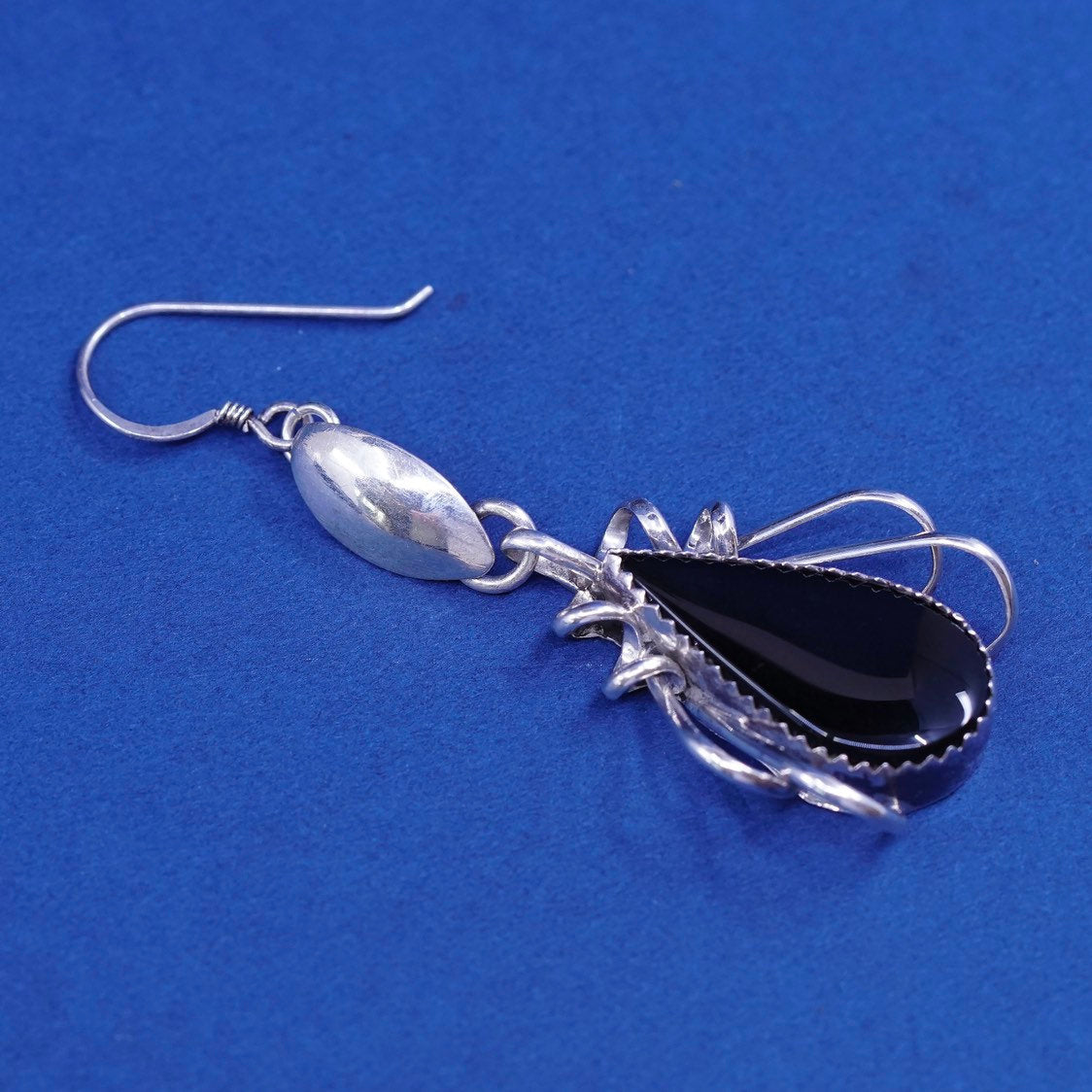 Native american MA Navajo Earrings, Sterling Silver teardrop obsidian dangles
