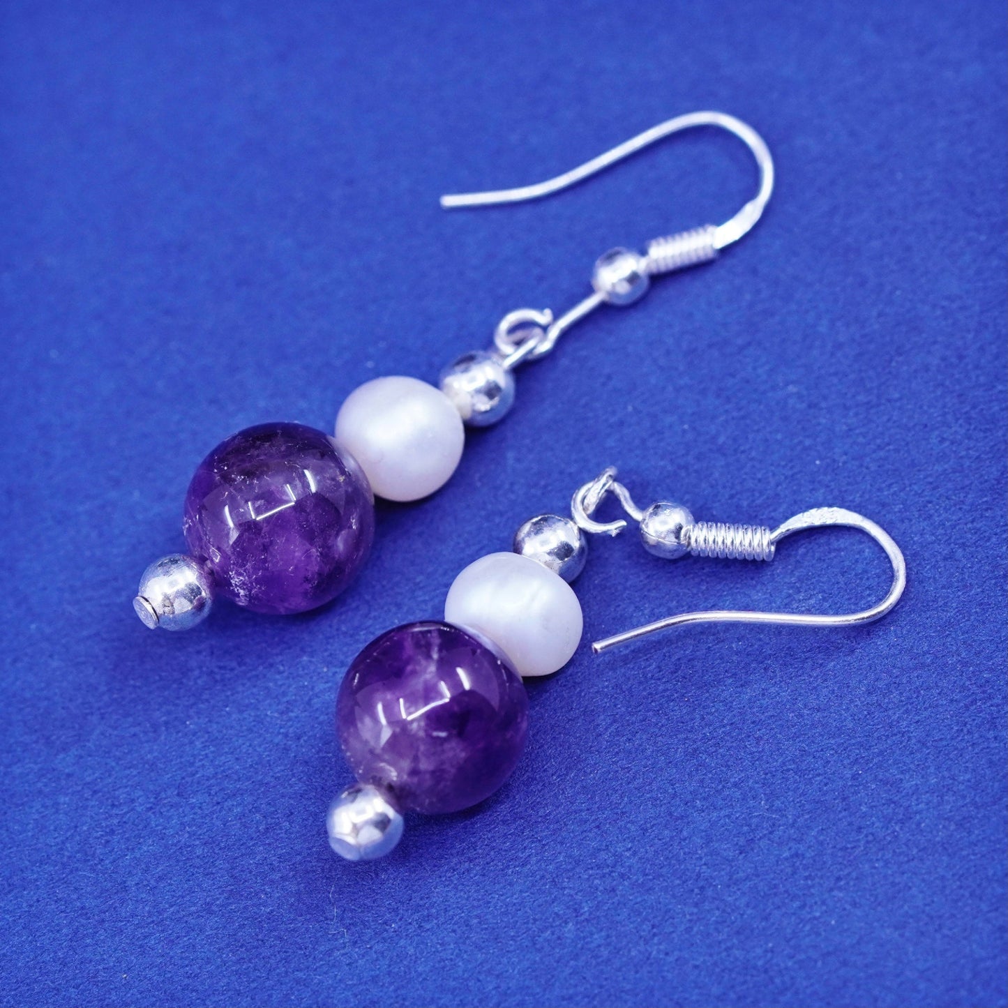 Vintage sterling 925 silver handmade earrings with pearl amethyst beads