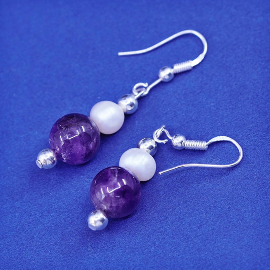 Vintage sterling 925 silver handmade earrings with pearl amethyst beads