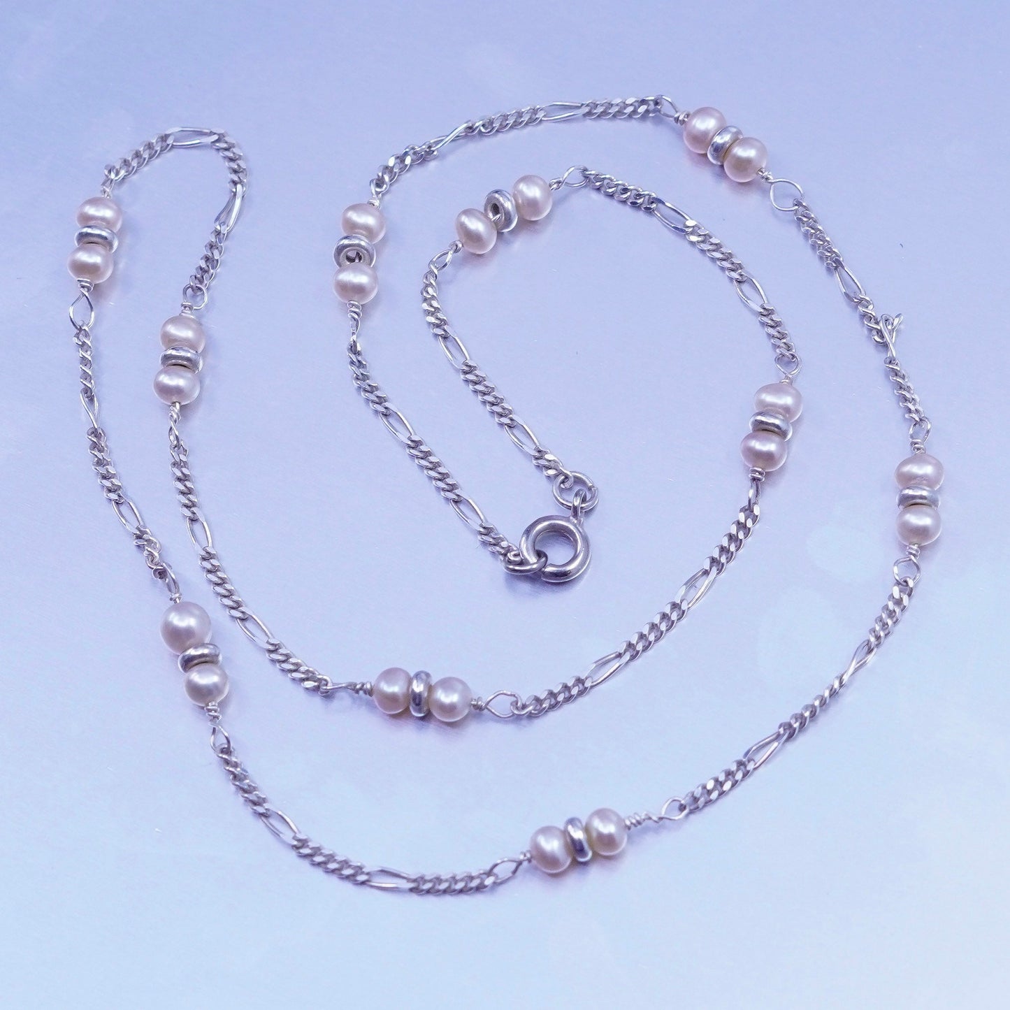 18”, Native American Sterling 925 silver handmade figaro necklace pearl beads