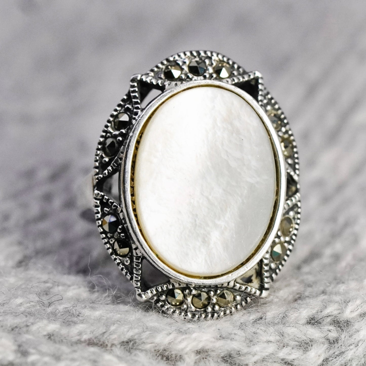 Size 6.5, sterling 925 silver handmade ring with mother of pearl and marcasite