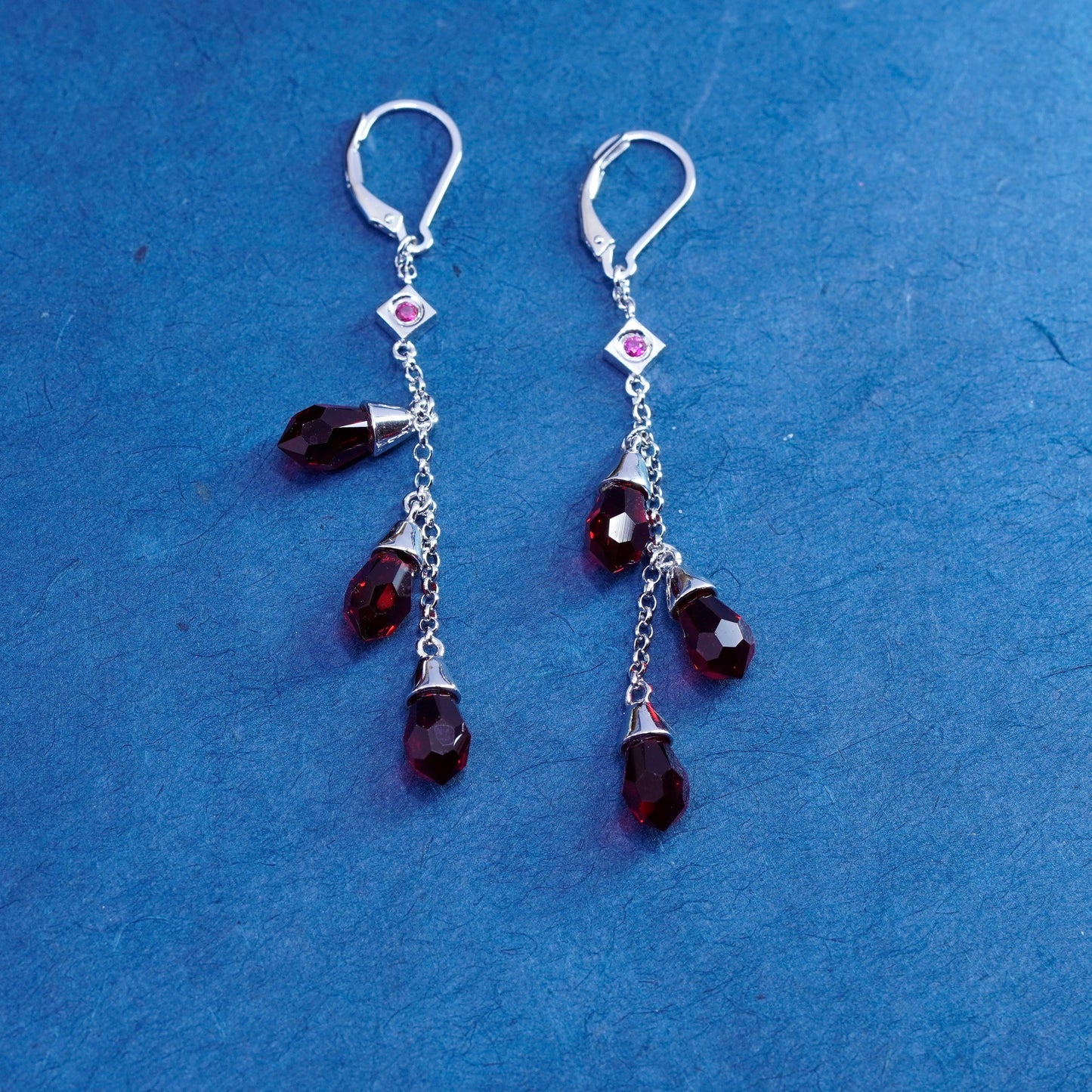 Designer Elle sterling 925 silver handmade earrings with teardrop ruby dangles