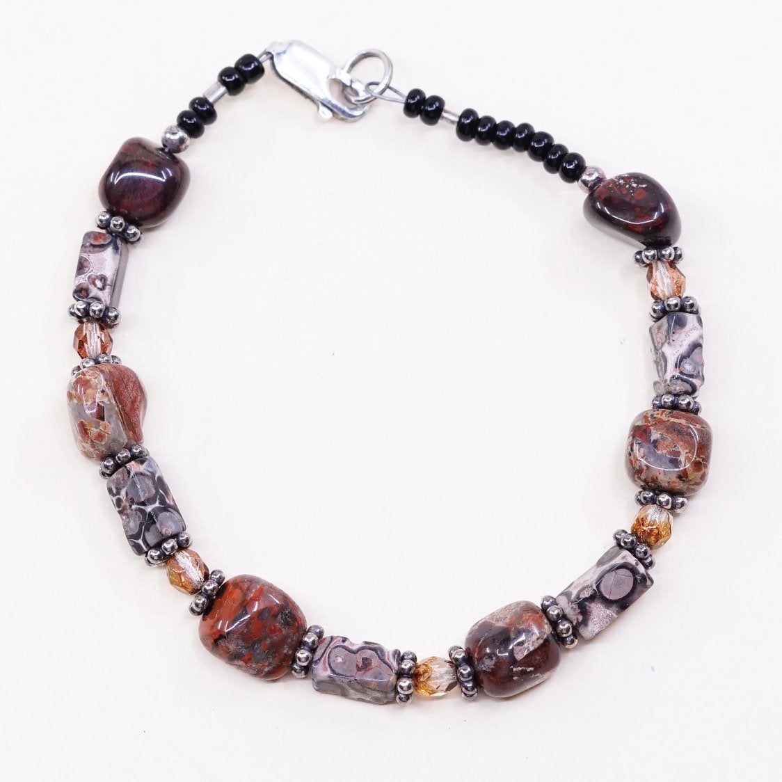 7", handmade vintage Jasper beads bracelet, with Sterling silver closure