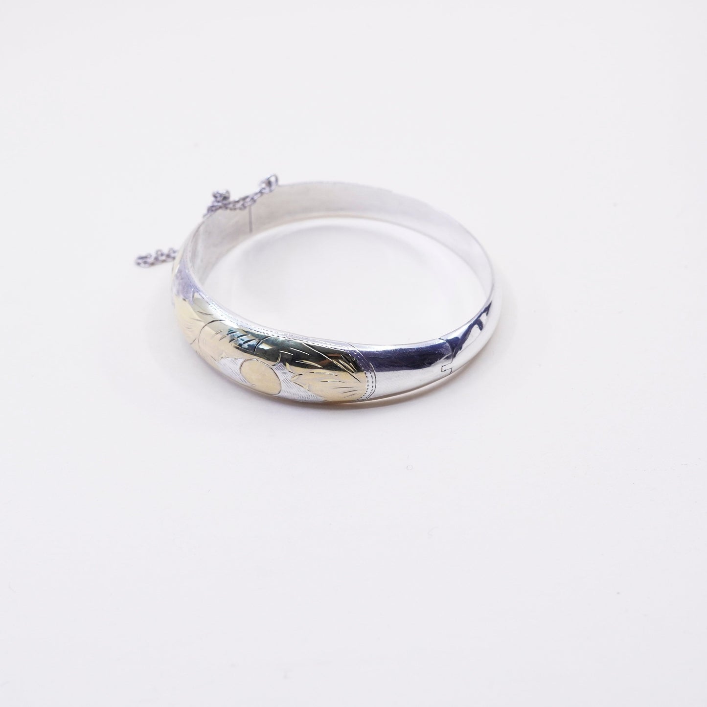 7”, two tone sterling silver handmade bracelet, 925 hinged bangle with floral