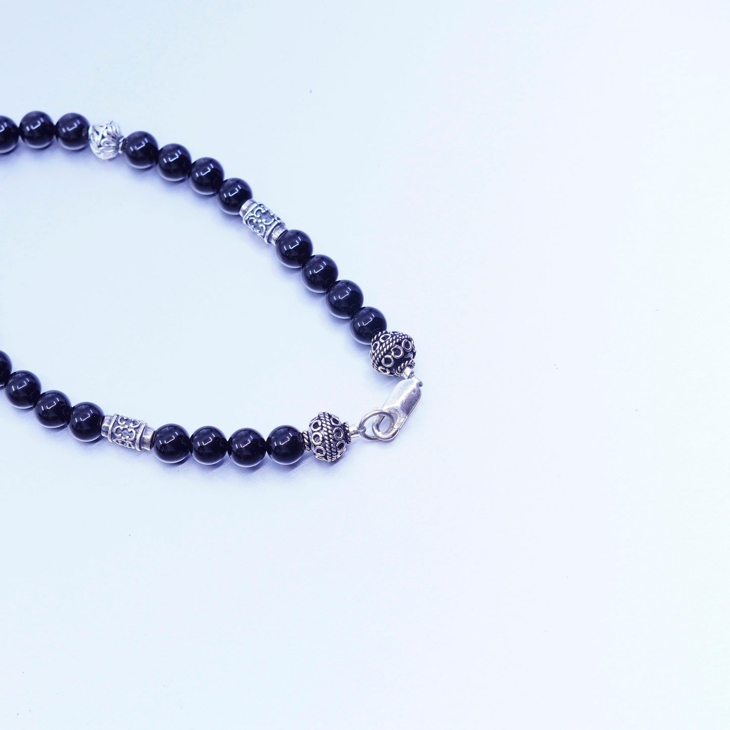 8”, vintage bali Sterling 925 silver bracelet with obsidian beads