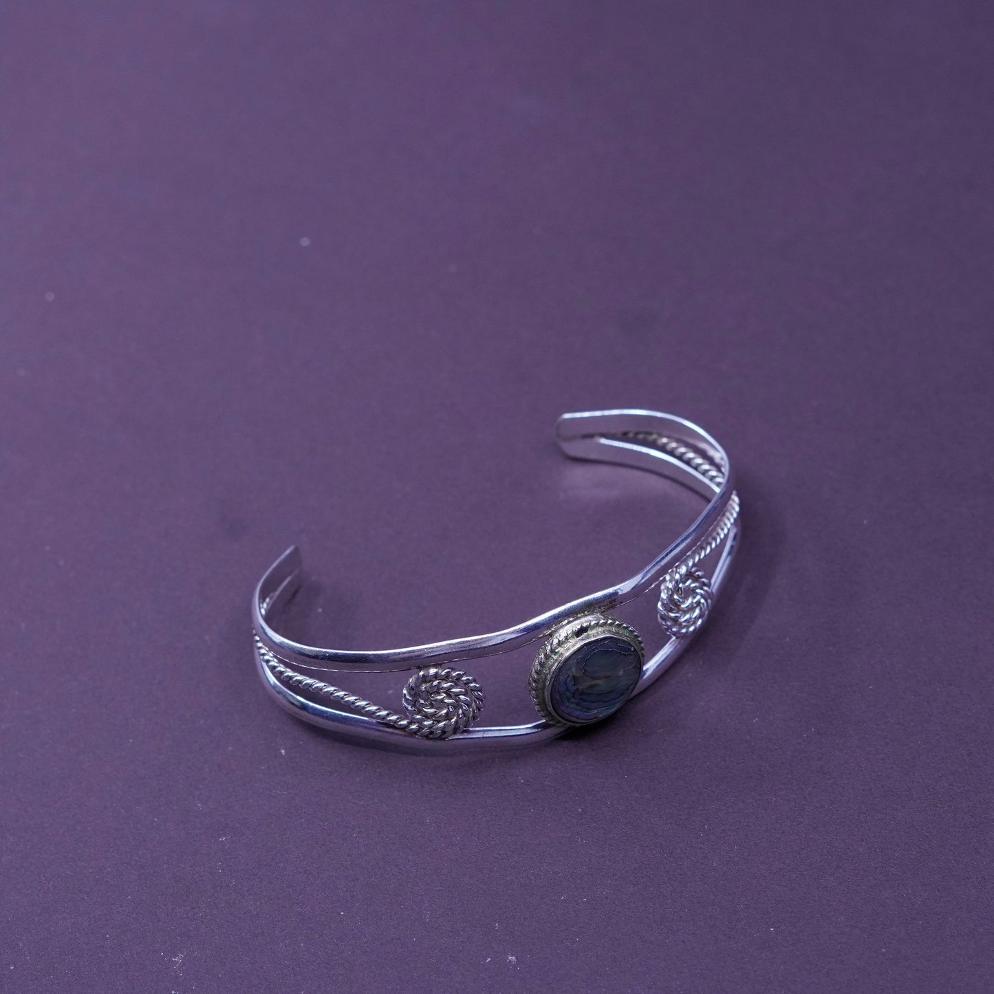 6.25”, Vintage handmade bracelet, alpaca silver with abalone Inlay