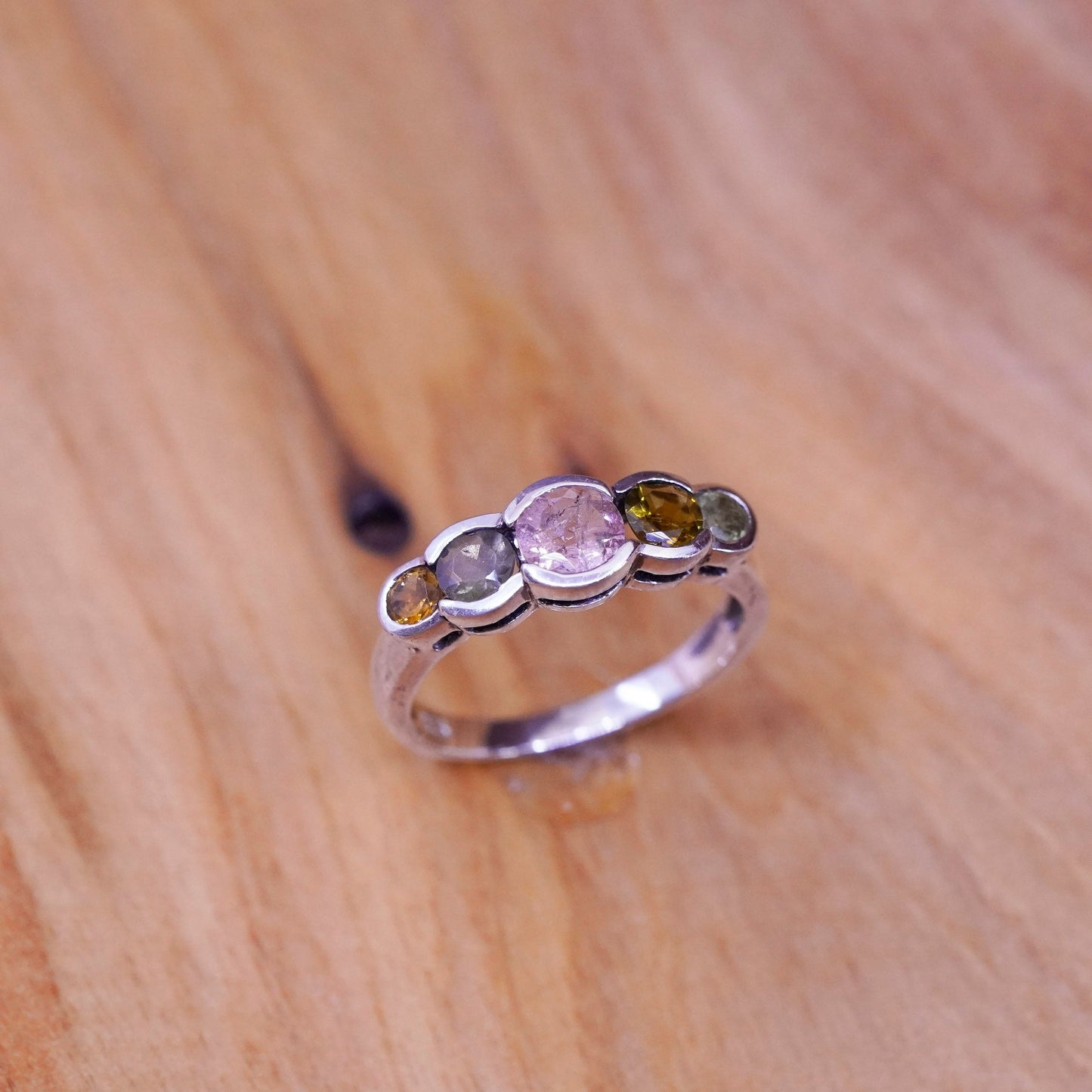 Size 6, vintage Sterling 925 silver handmade ring with pink cz citrine peridot