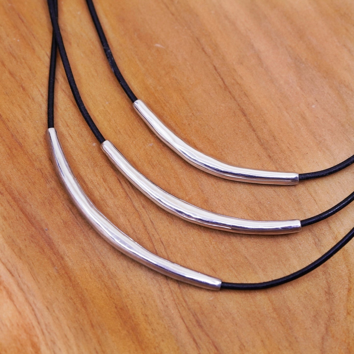 16+2”, Silpada Sterling 925 Silver Black Leather Cord 3 Bar Necklace N1571