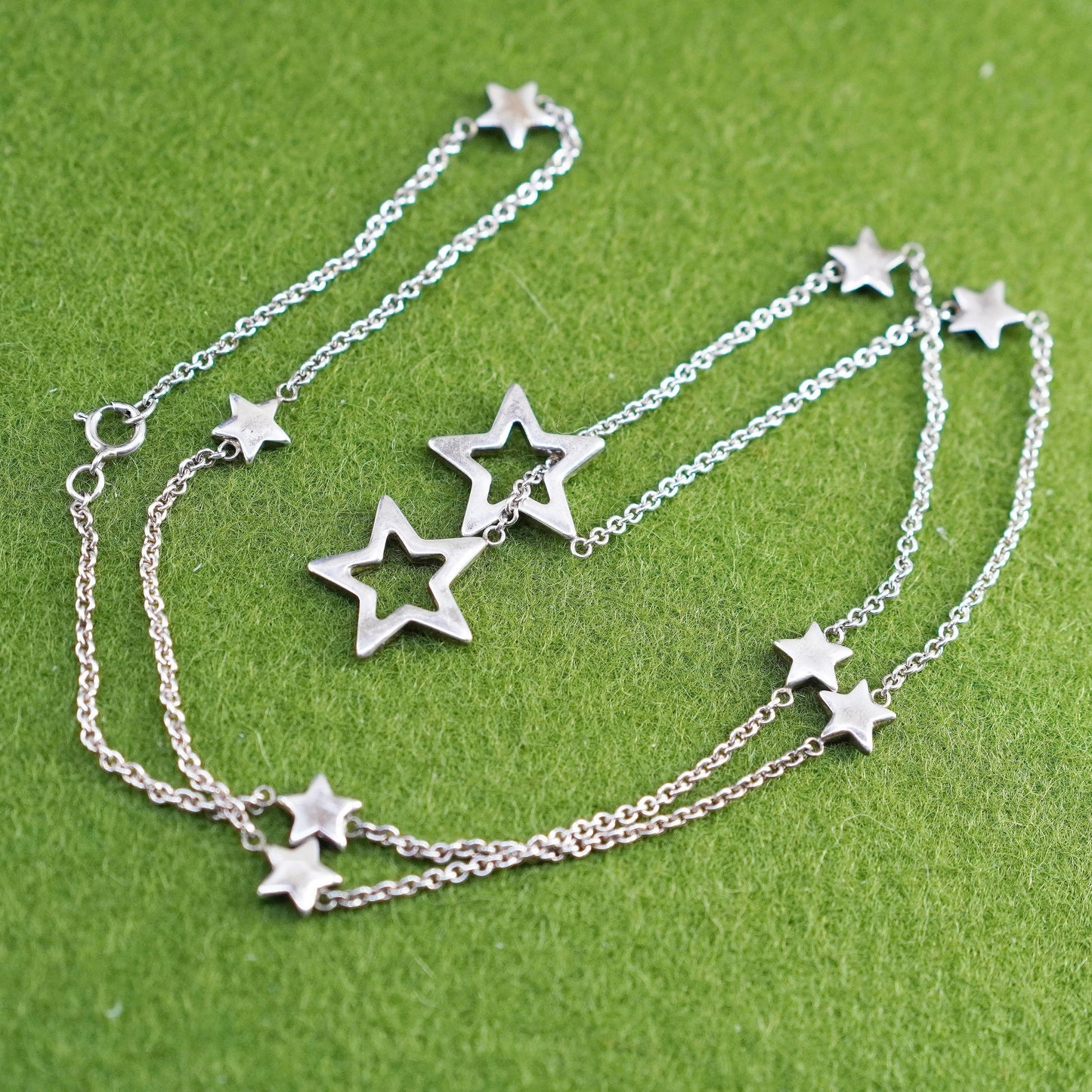 16”, vintage sterling silver 925 necklace, circle chain with star pendants