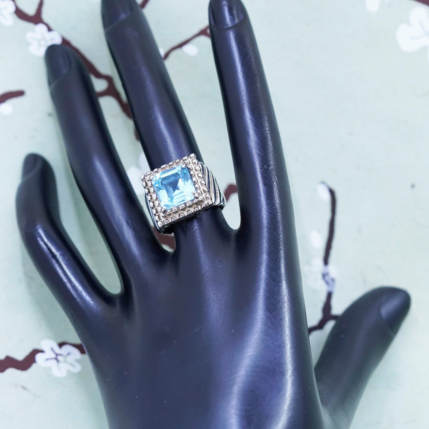 Size 6.5, Sterling silver statement ring, 925 ribbed band w/ square blue topaz